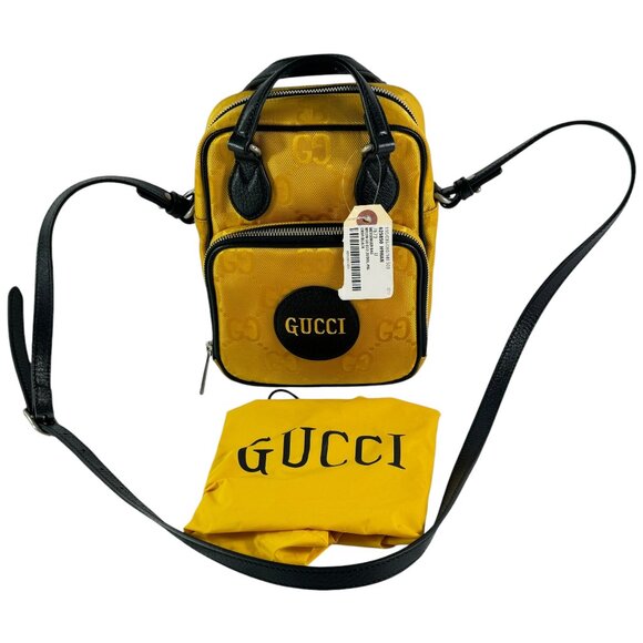 GUCCI 625850 Yellow Nylon GG Eco Black Leather Off The Grid Messenger Crossbody - Picture 1 of 15